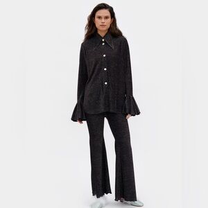 SLEEPER lurex lounge suit - flared pant, ruffled cuff - L - black